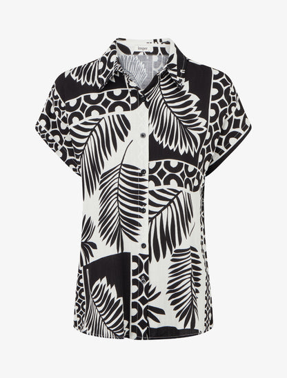 Chemise ample manches courtes imprimé feuilles tropicales - Noir - 1