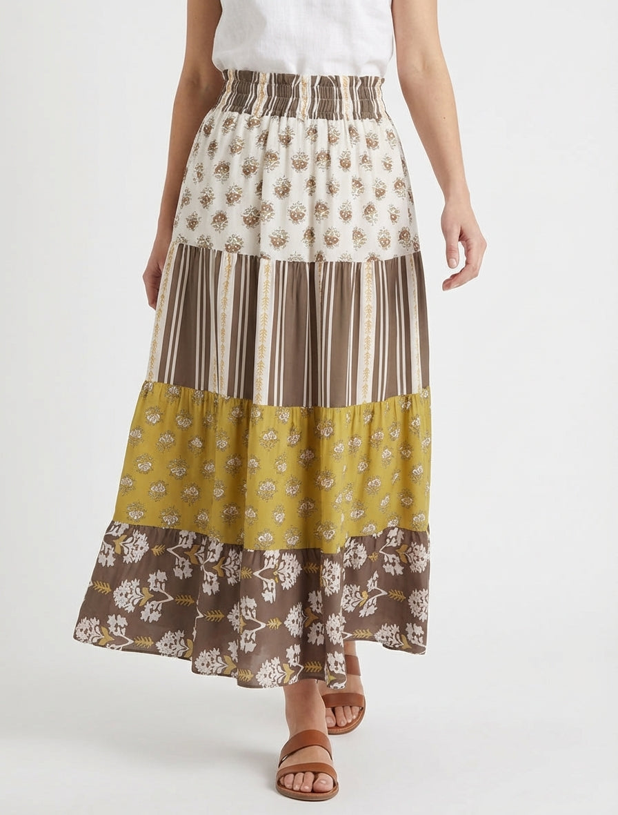 Jupe longue fluide taille haute - Marron