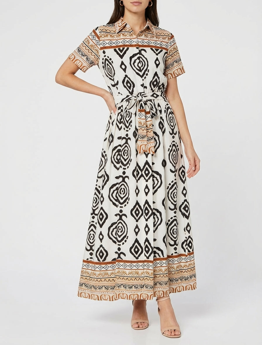 Robe longue boutonnée ceinturée - Blanc/marron