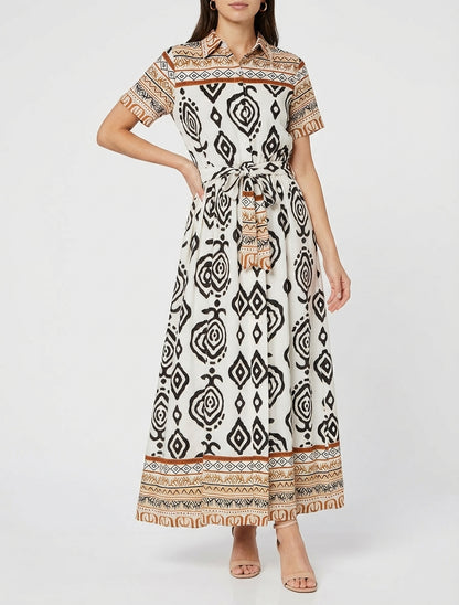 Robe longue boutonnée ceinturée - Blanc/marron