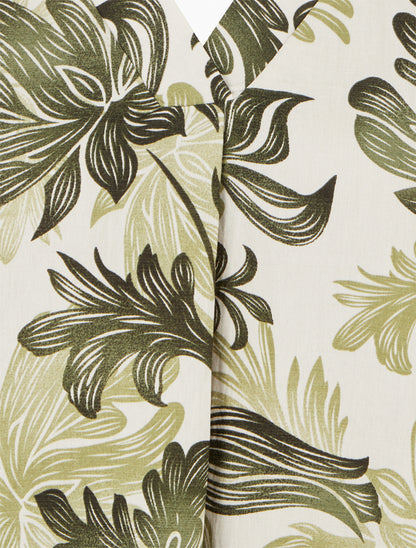 Top droit à col V et imprimé végétal - Kaki - 3