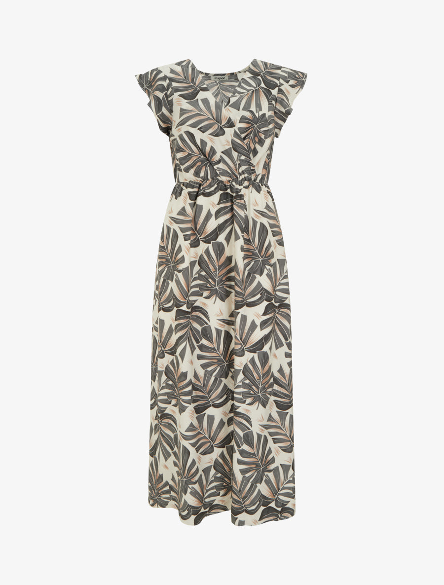 Robe longue imprimé feuilles à manches courtes - Gris - 1