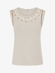 T-shirt uni sans manches à col stylisé - Beige - 1