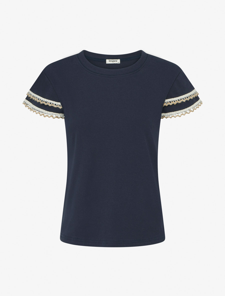 T-shirt manches courtes à détail broderies - Marine - 1