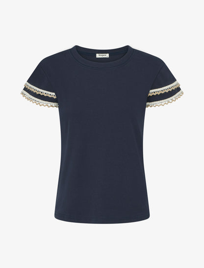T-shirt manches courtes à détail broderies - Marine - 1