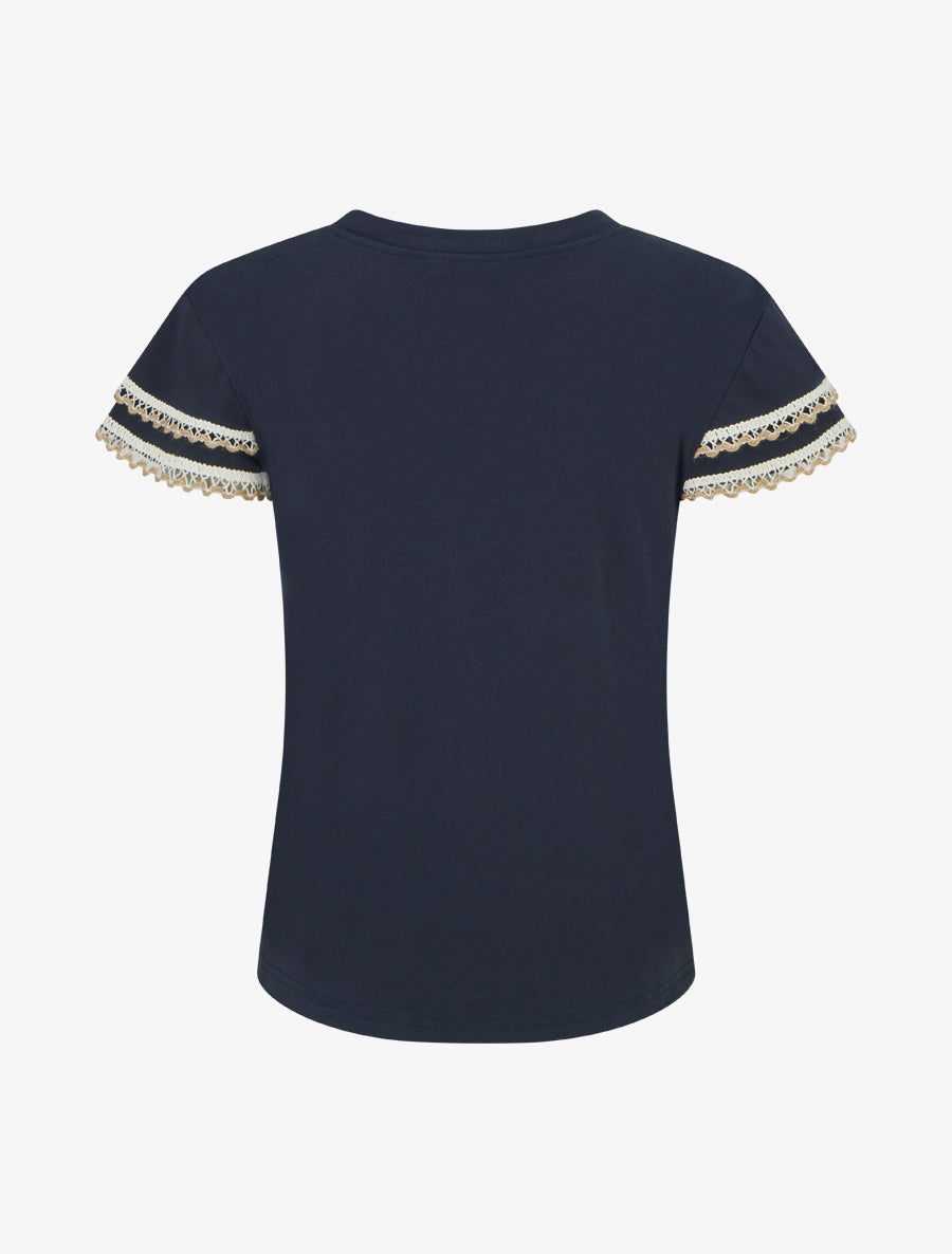 T-shirt manches courtes à détail broderies - Marine - 2