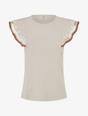 T-shirt uni manches courtes brodées - Beige - 1