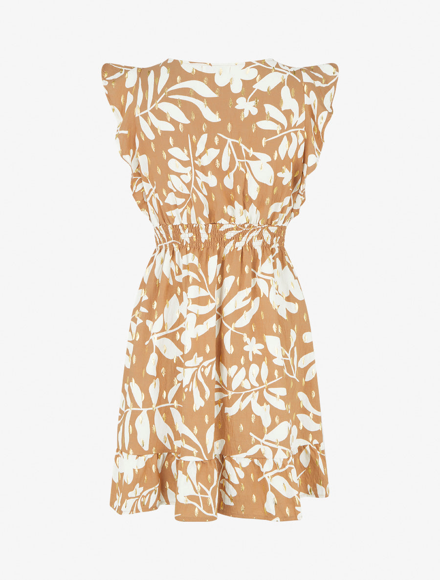 Robe imprimé feuillage à taille élastiquée - Camel - 2