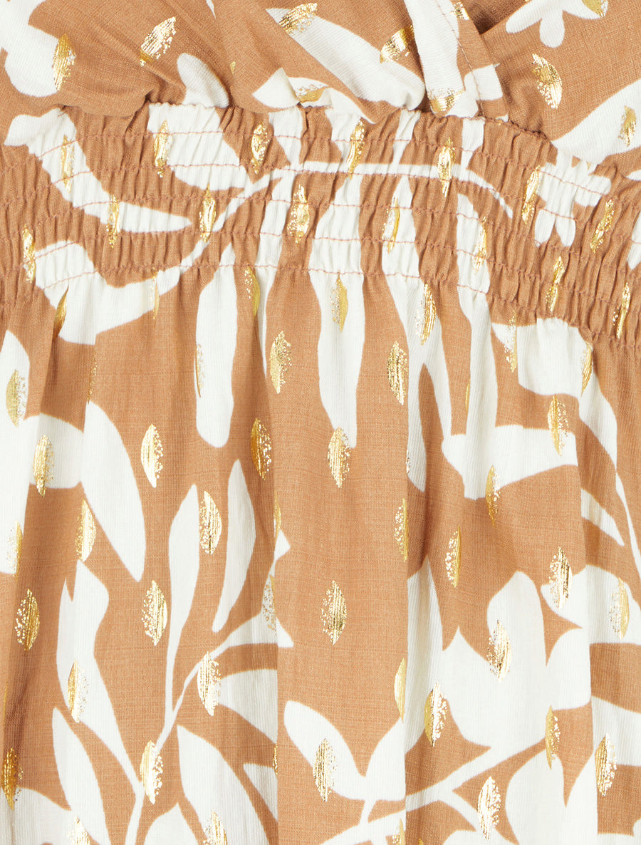 Robe imprimé feuillage à taille élastiquée - Camel - 3