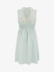 Robe mi-longue élastiquée à buste brodé - Vert pâle - 1