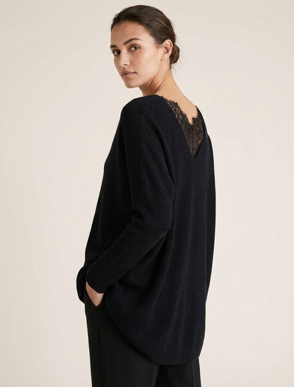 Pull long dos en V dentelle - Noir