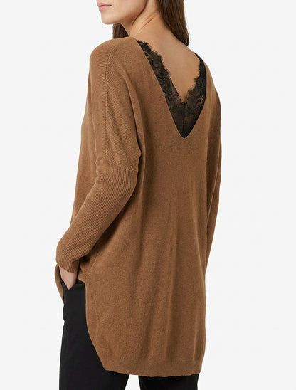 Pull long dos en V dentelle - Camel