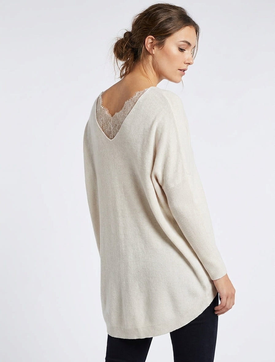 Pull long dos dentelle - Beige