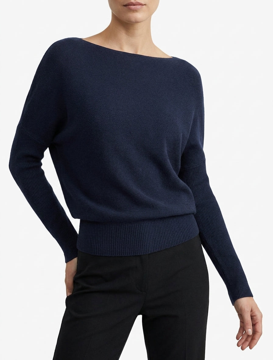 Pull droit col bateau manches chauve-souris - Marine