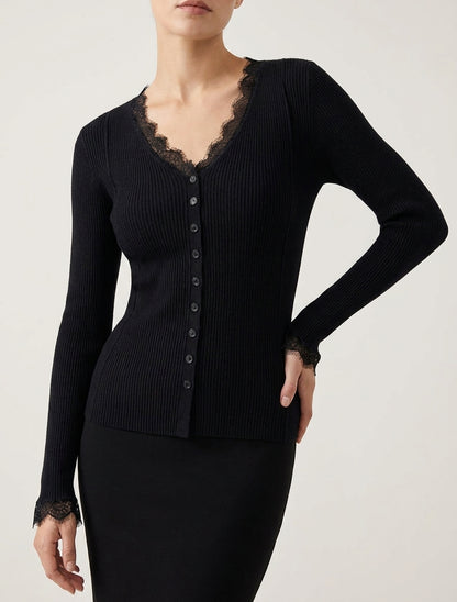 Pull côtelé à dentelle et boutons - Noir