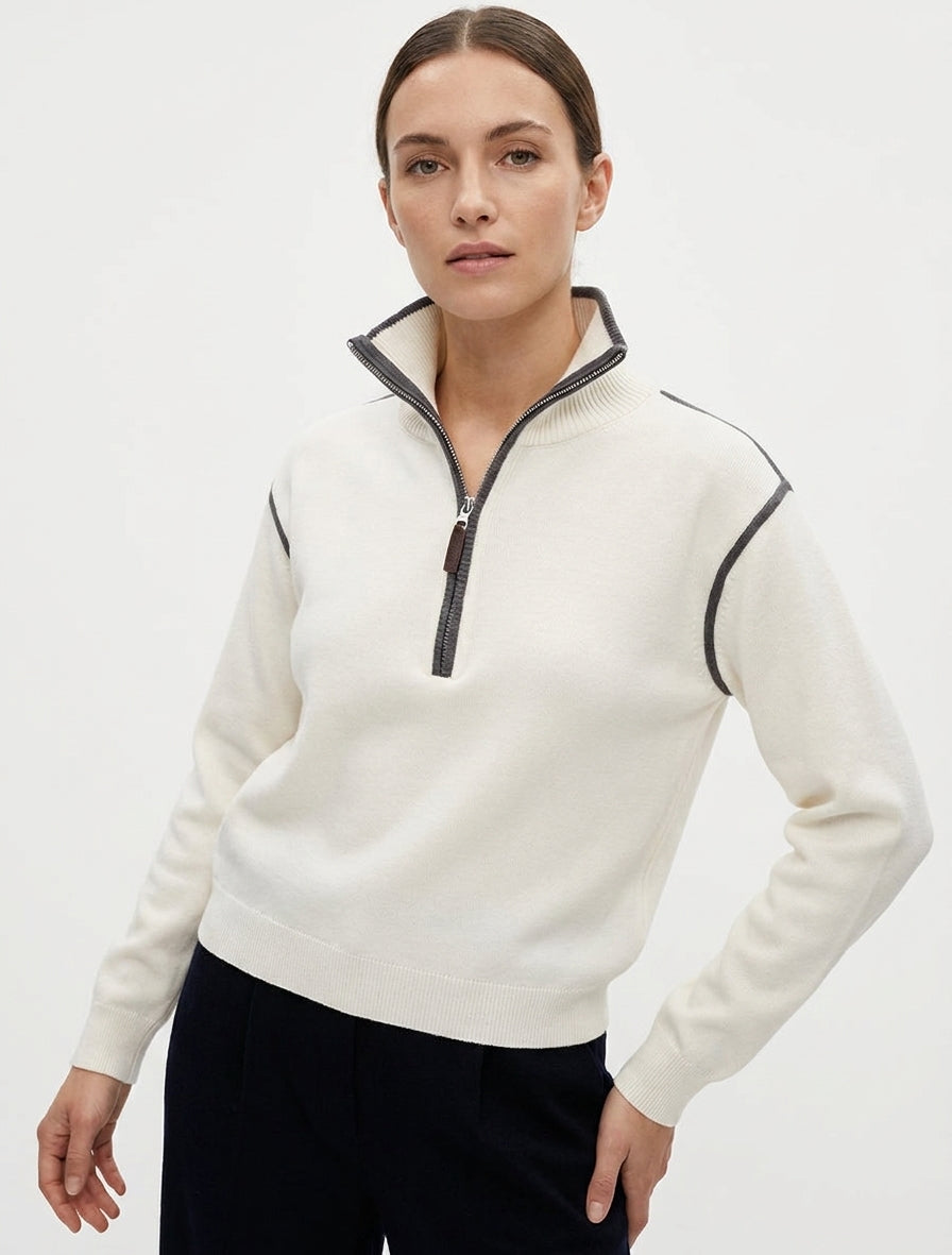 Pull droit à zip et liseré - Blanc