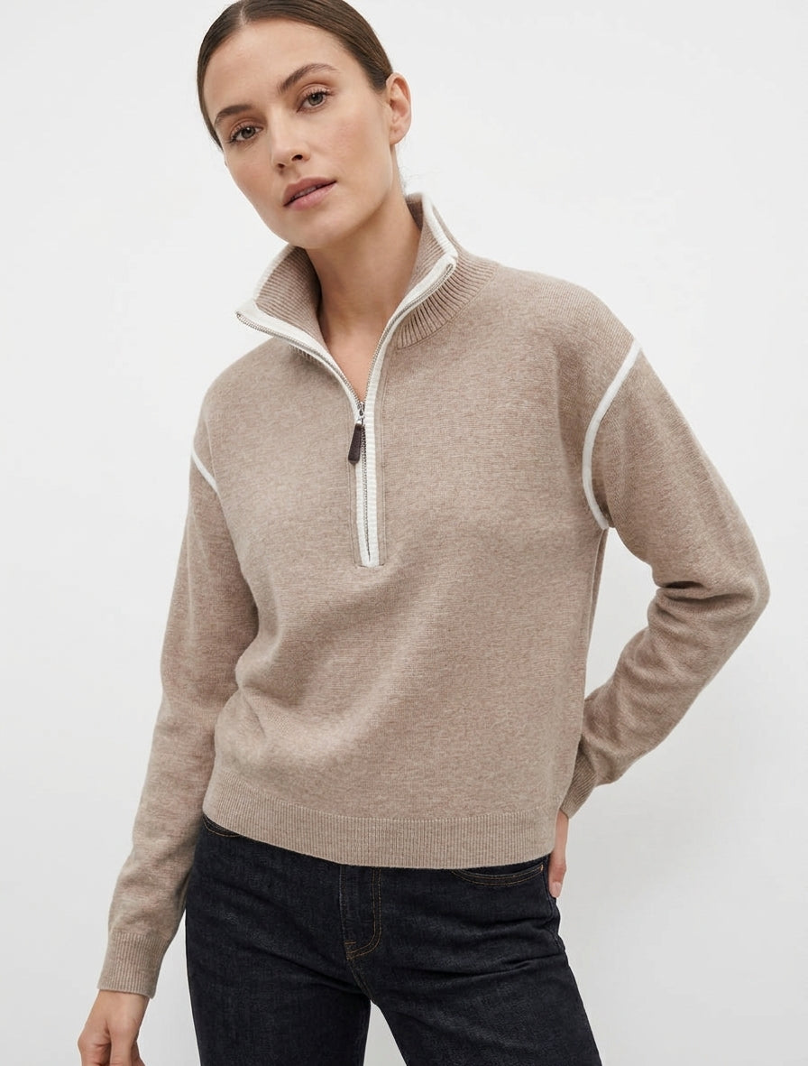 Pull droit zippé à liseré contrastant - Taupe