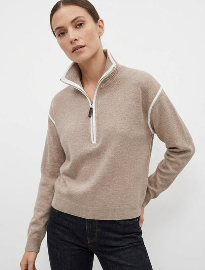 Pull droit zippé à liseré contrastant - Taupe