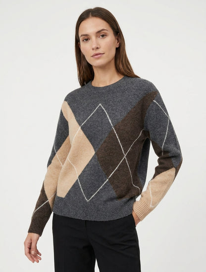 Pull en maille color block quadrillé - Gris