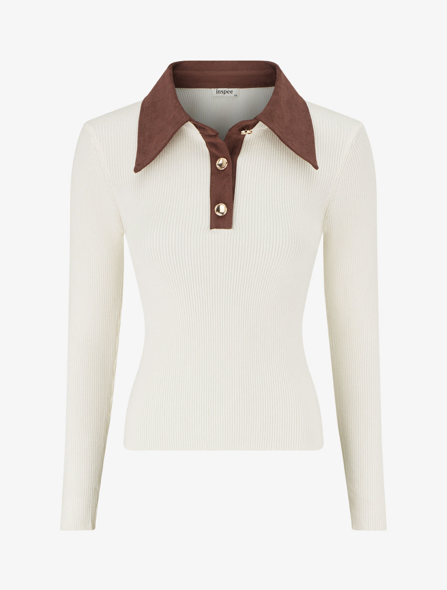 Pull fin en maille à col boutonné en suédine - Écru - 1