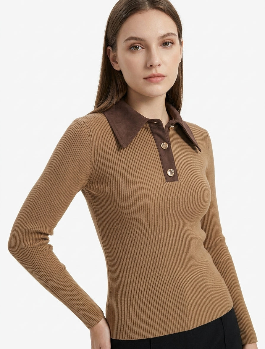 Pull fin maille côtelée col suédine - Camel