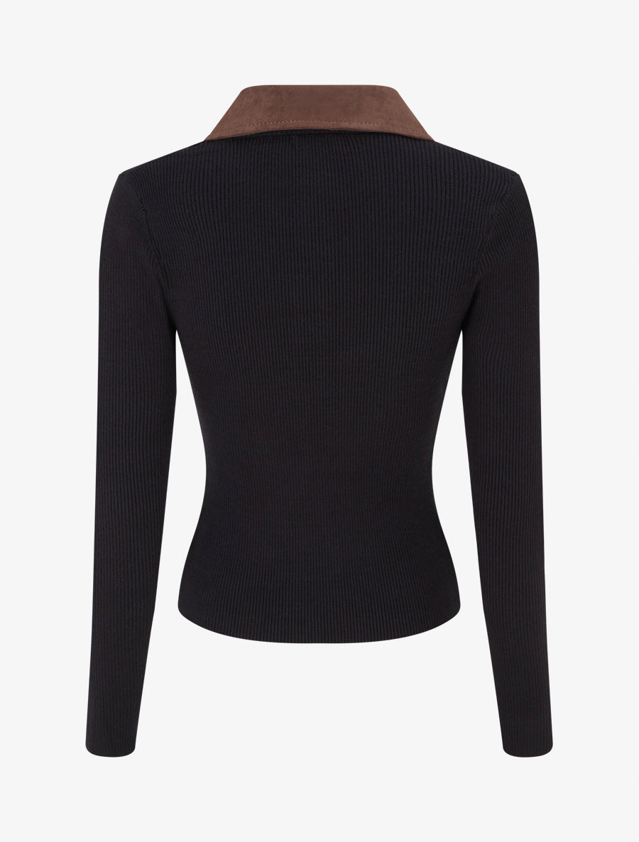 Pull fin en maille à col boutonné en suédine - Noir - 2