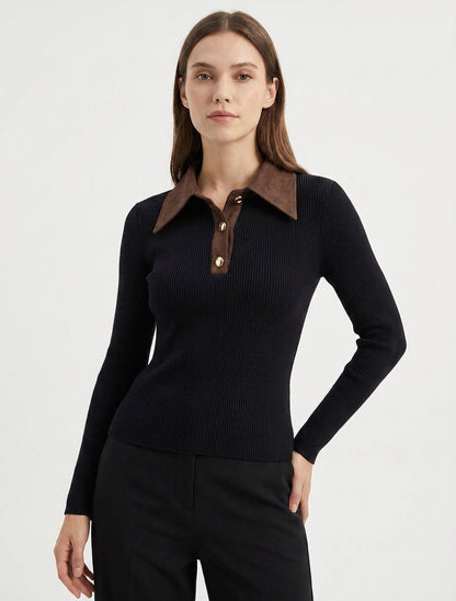 Pull fin côtelé col suédine boutonné - Noir