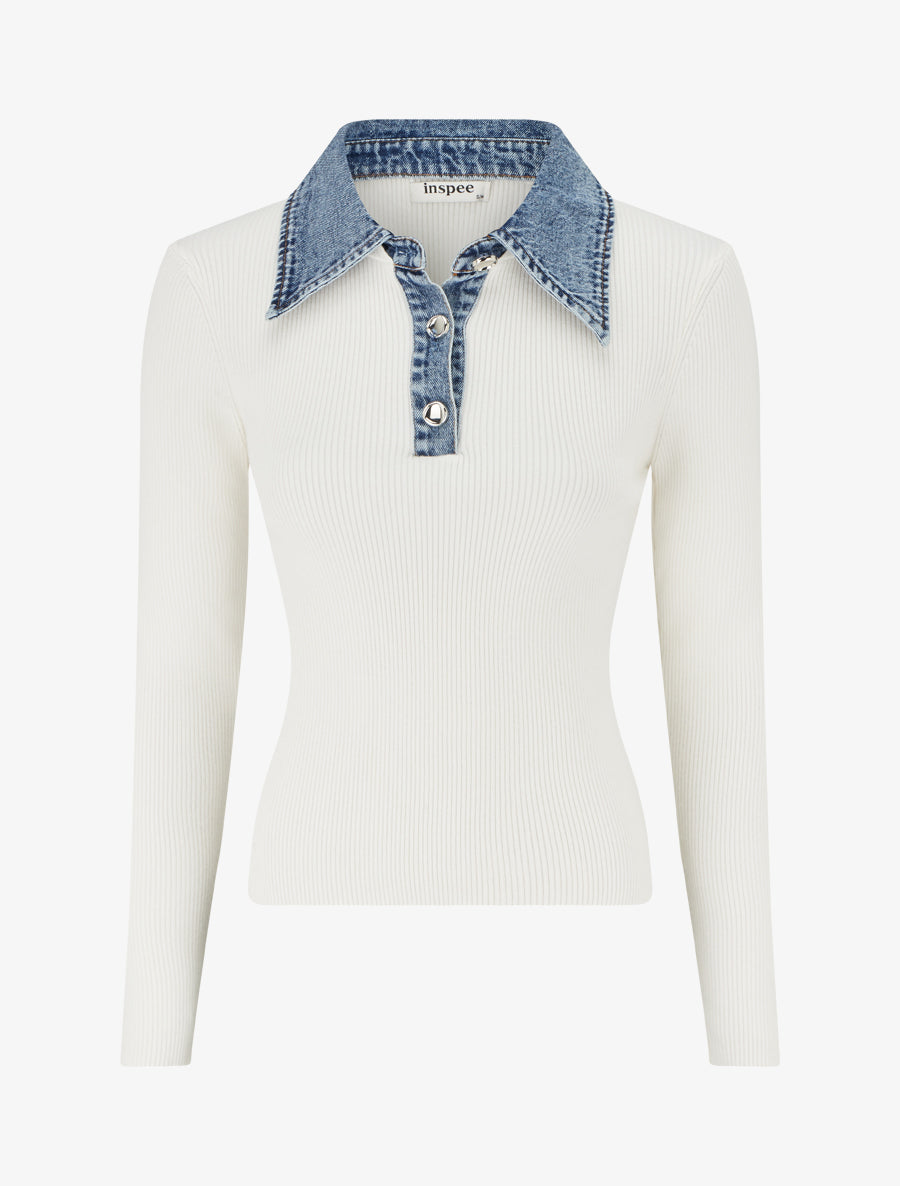 Pull fin en maille à col boutonné en jean - Écru - 1