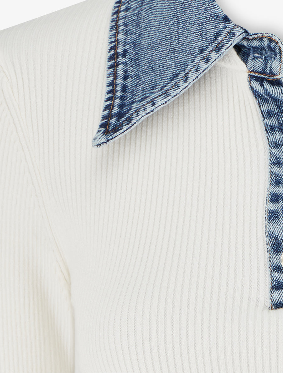 Pull fin en maille à col boutonné en jean - Écru - 3