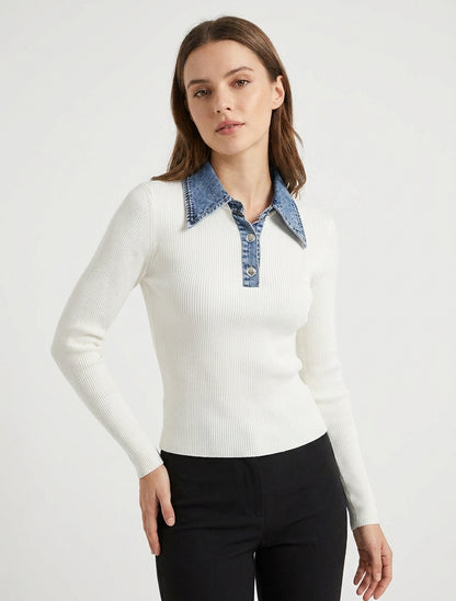Pull fin côtelé col boutonné jean - Écru