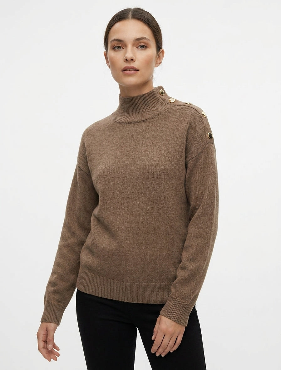 Pull droit à boutons métalliques - Marron