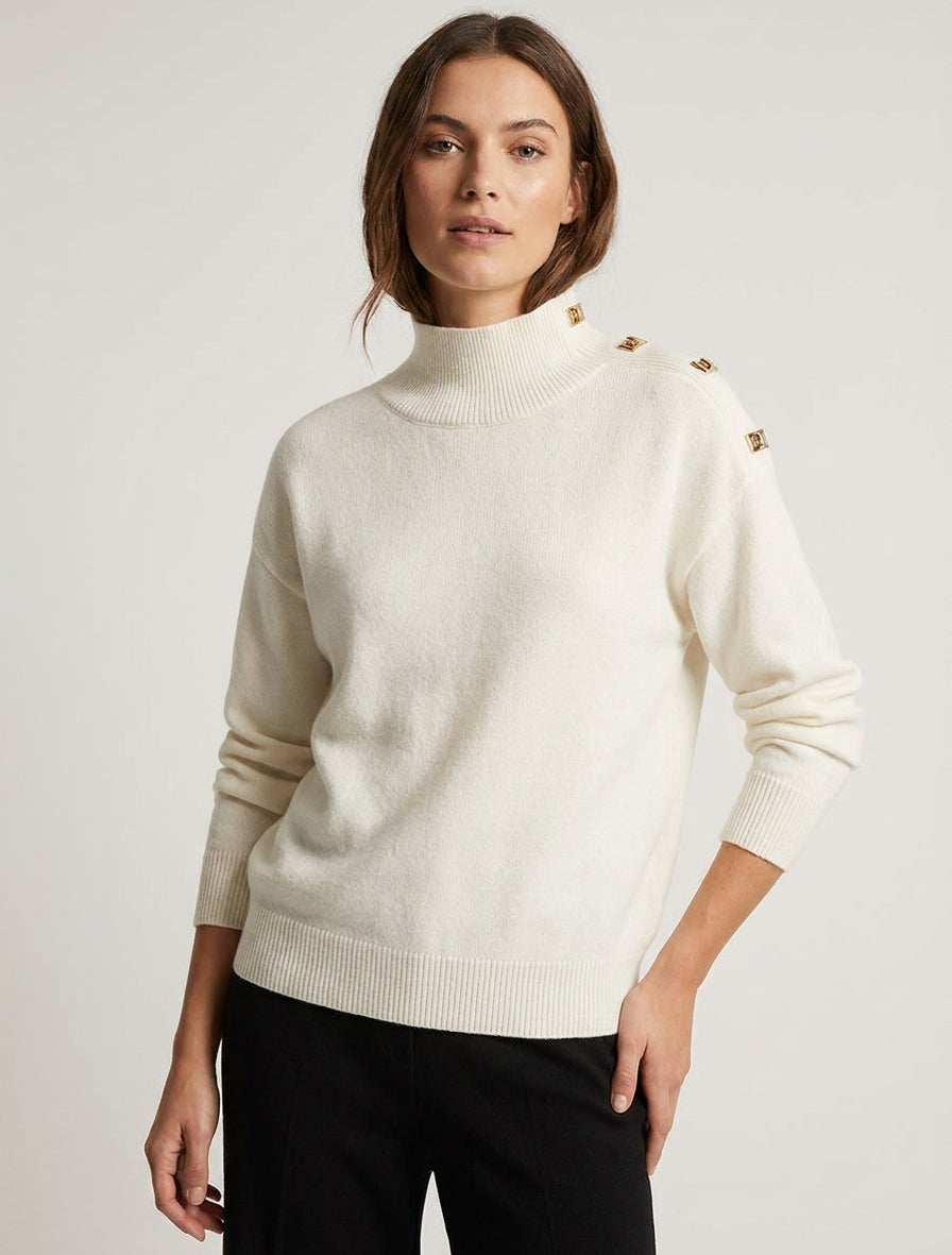 Pull droit à boutons métalliques - Écru