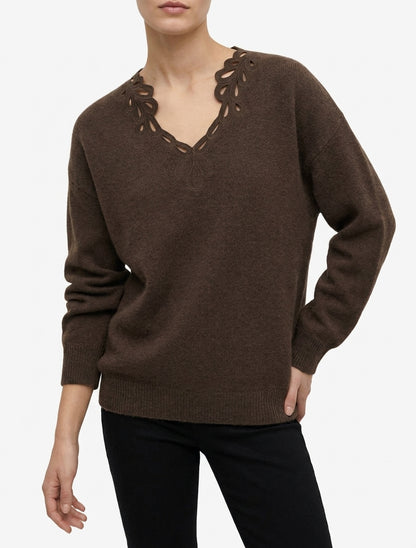 Pull uni col V brodé - Marron