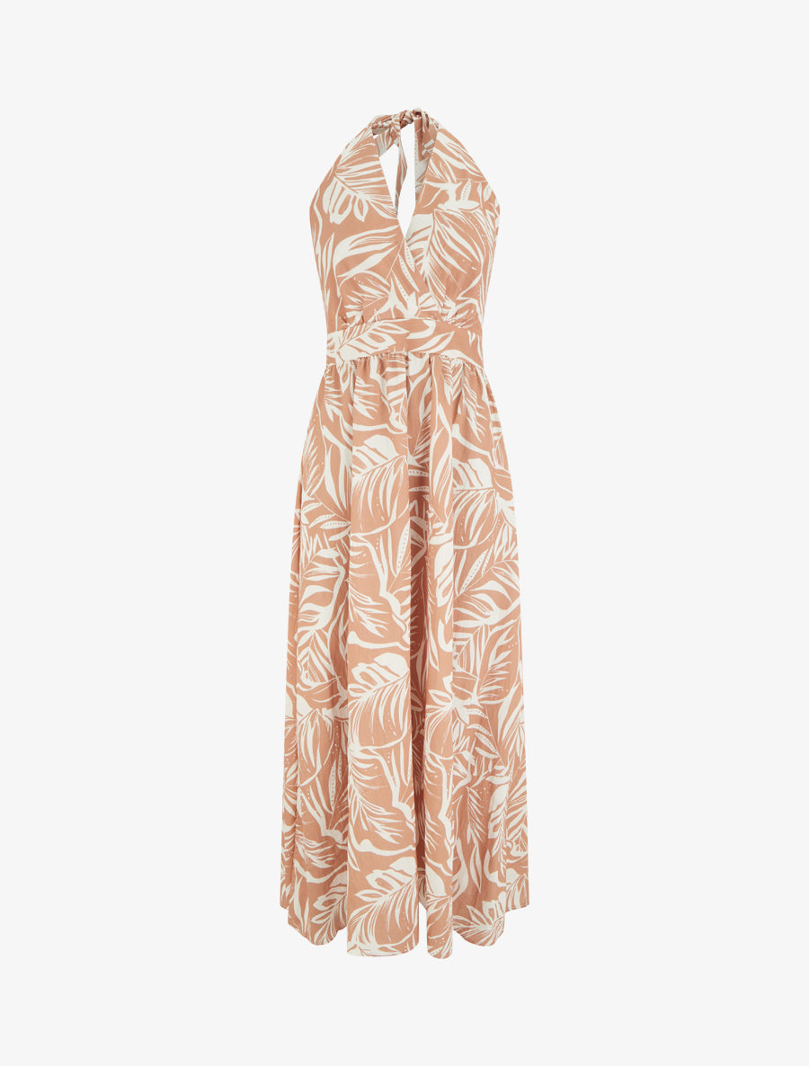 Robe longue dos nu imprimé feuillage - Terracotta - 1