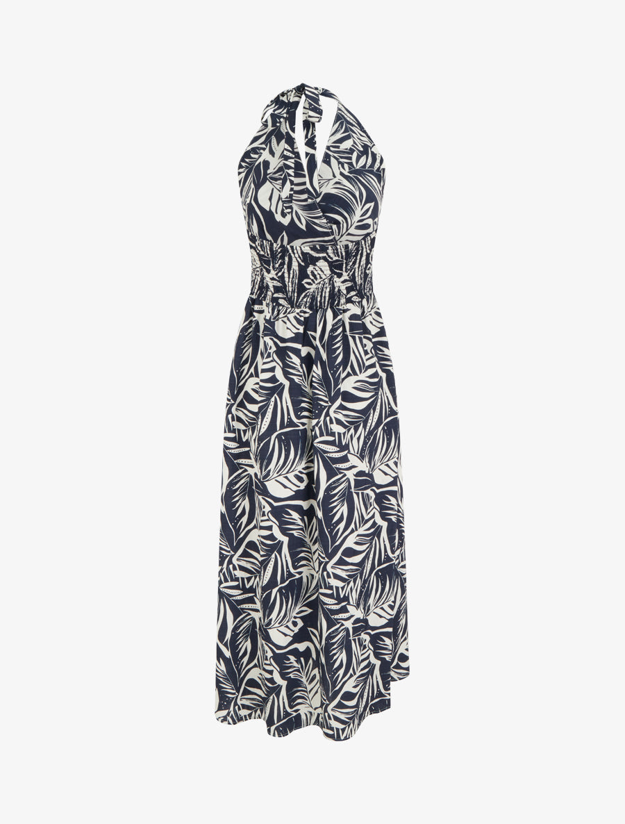 Robe longue dos nu imprimé feuillage - Marine - 2