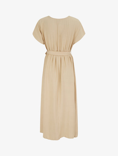 Robe longue manches courtes à col fantaisie - Beige - 2