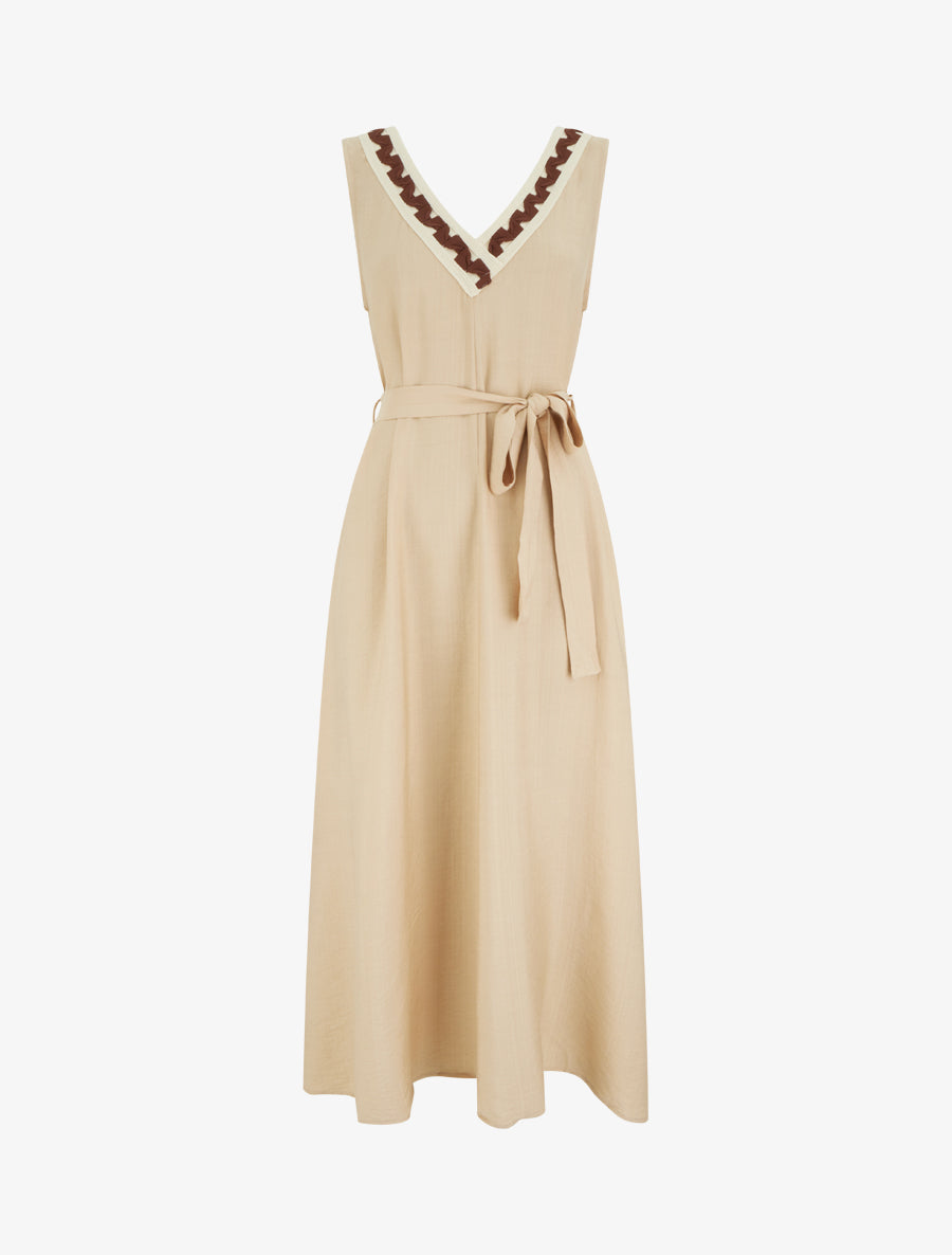 Robe longue sans manches à col V fantaisie - Beige - 1