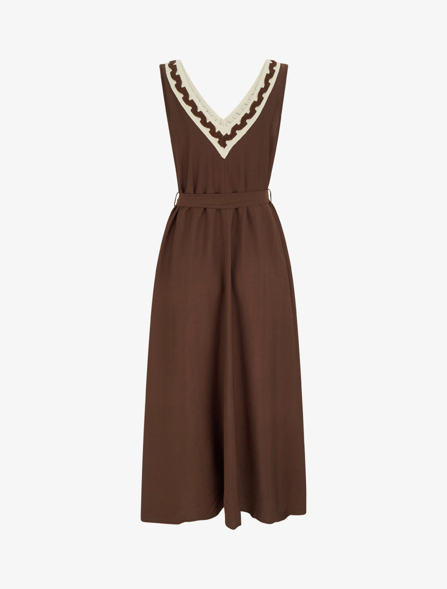Robe longue sans manches à col V fantaisie - Marron - 2