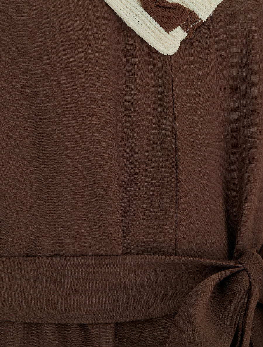 Robe longue sans manches à col V fantaisie - Marron - 3