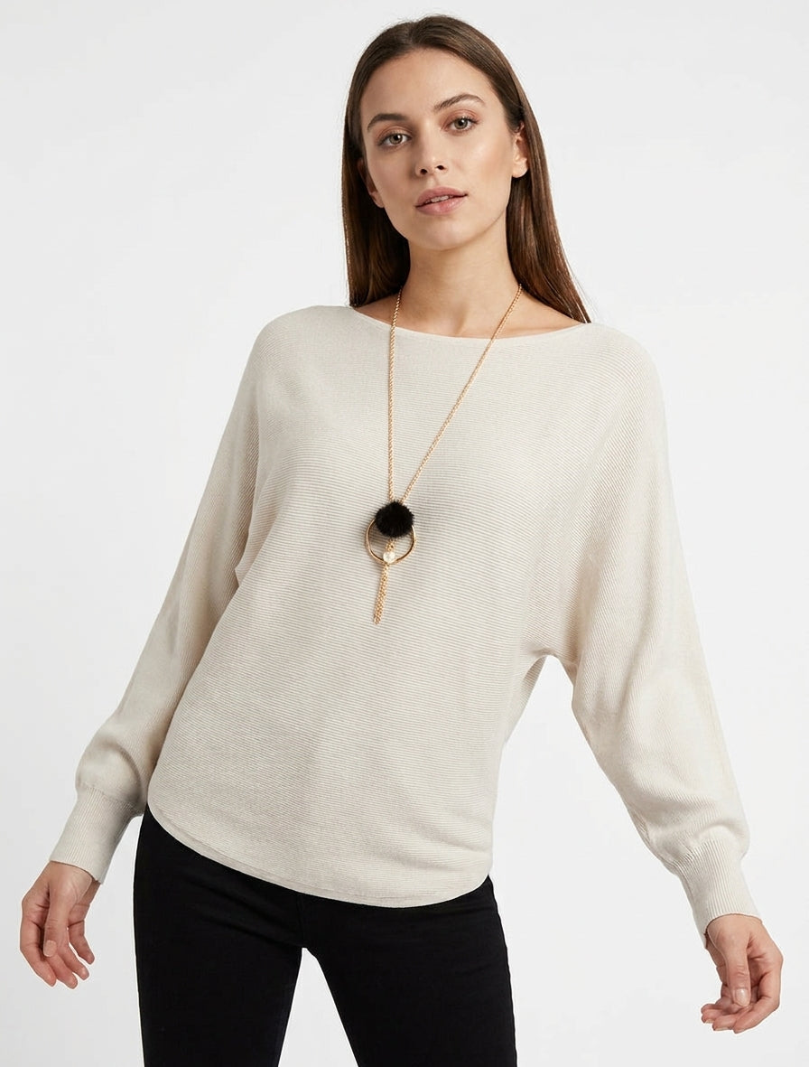 Pull côtelé manches chauve-souris - Beige