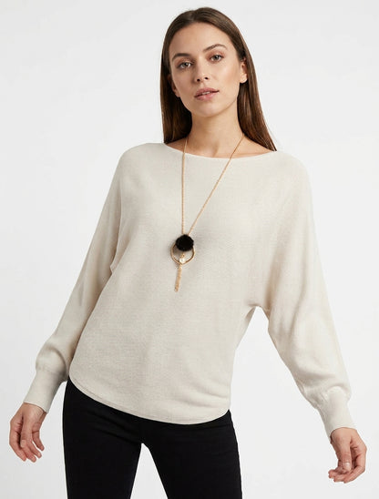 Pull côtelé manches chauve-souris - Beige