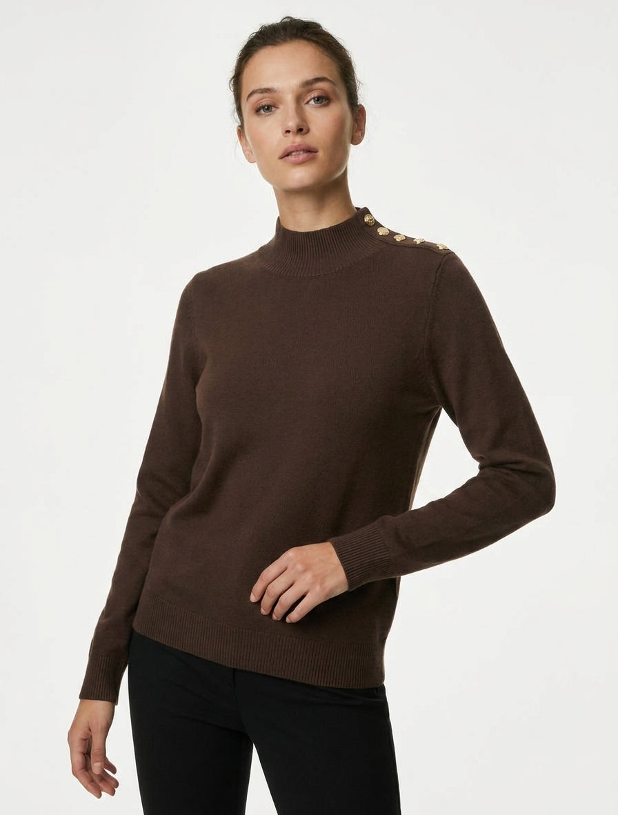 Pull uni col montant boutons épaule - Marron