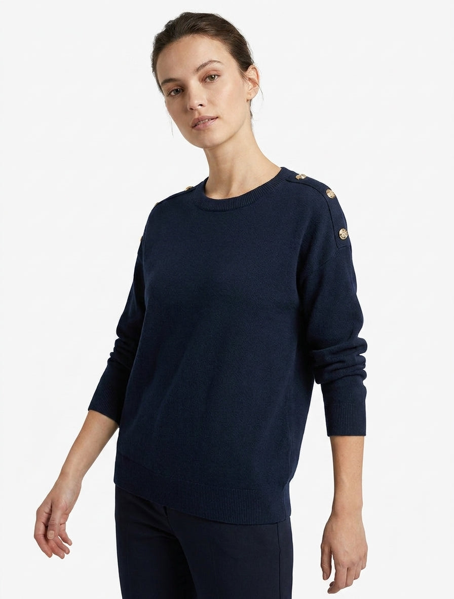 Pull uni col rond à boutons - Marine