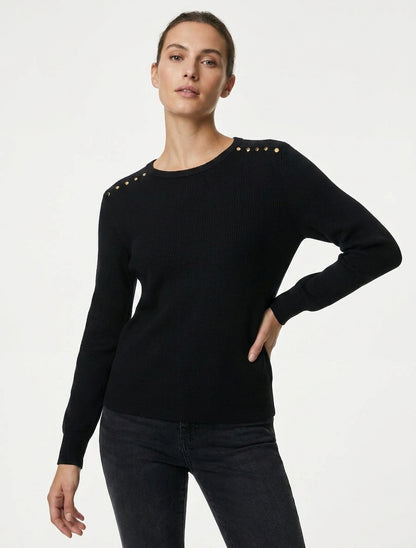 Pull côtelé à col rond et clous - Noir