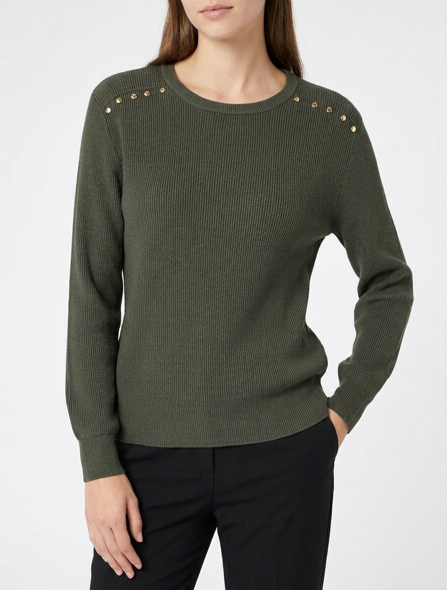 Pull côtelé à clous aux épaules - Kaki