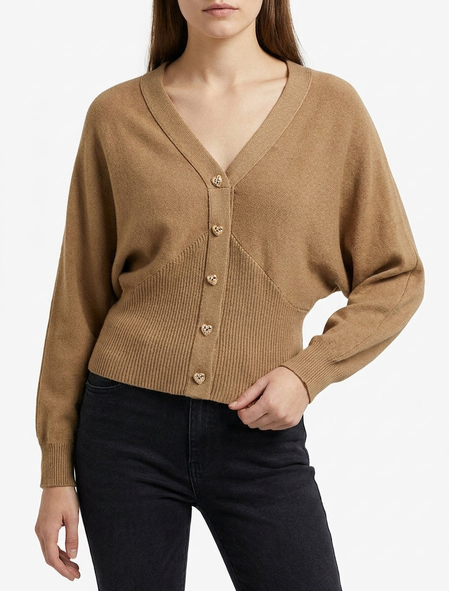 Pull gilet col V manches chauve-souris - Camel