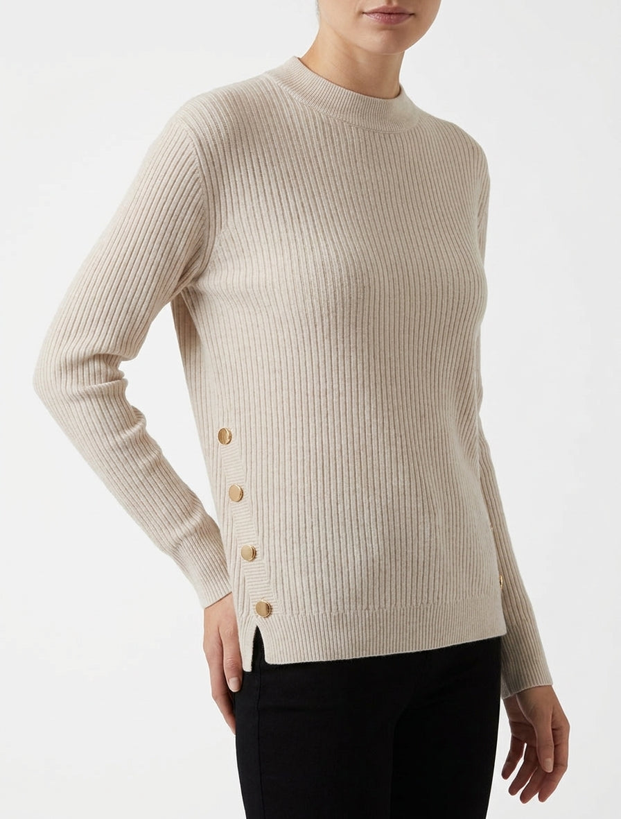 Pull côtelé col rond boutons latéraux - Beige
