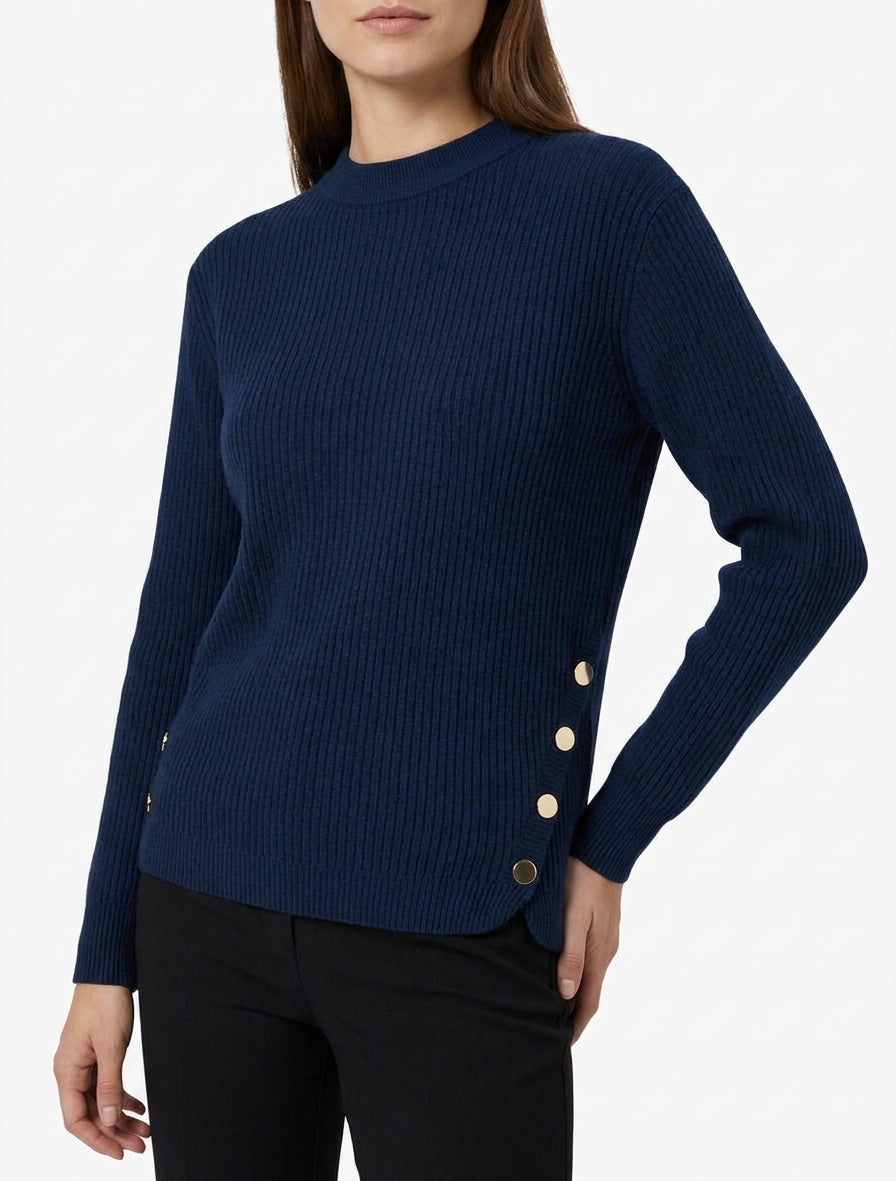 Pull côtelé col rond boutons côtés - Marine