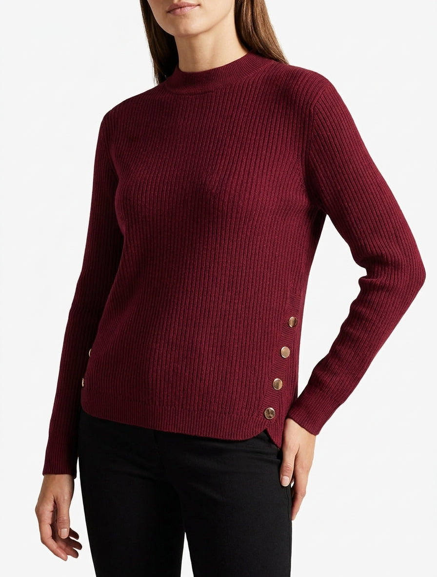Pull côtelé col rond manches longues - Bordeaux