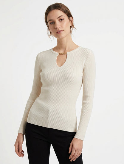 Pull côtelé col V bijou - Beige